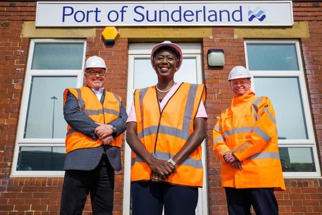 Norwegian recycling specialist Quantafuel potentially to build new plastics recycling plant at the Port of Sunderland. Winifred Johansen with Matthew Hunt (POS) and Cllr Graeme Miller.