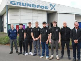 Grundfos apprentices Mitchell Welsh, Finlay Hamilton, Alfie Cullerton, Sam Lawley, Aaron Halliday, with production supervisors Andy Robinson and Alan Summerson.