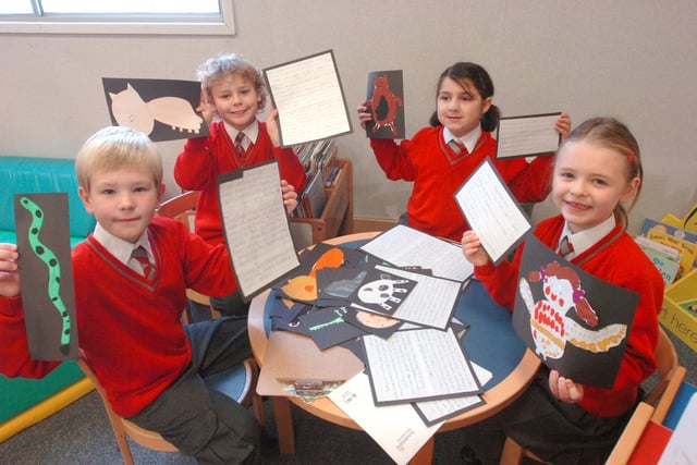 Year 2 pupils from Grindon Hall Christian School with some of their work on fairy tales in 2008.