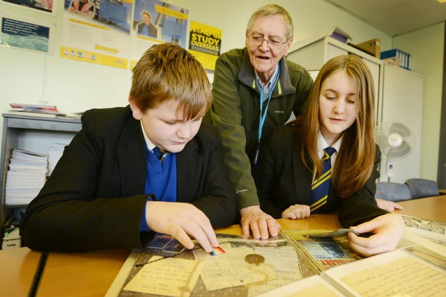 Alan Jackson from Hetton Local and Natural History Society talked to year 9  pupils at Hetton School, Connor Waddell and Carrie Alcock ahead of their trip to First World War battlefields in Belgium 9 years ago.