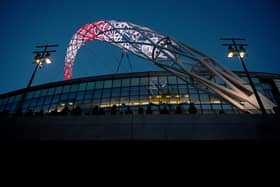 LONDON, ENGLAND - NOVEMBER 12: General view outside the stadium prior to the 2022 FIFA World Cup Qualifier match between England and Albania at Wembley Stadium on November 12, 2021 in London, England. (Photo by Laurence Griffiths/Getty Images)