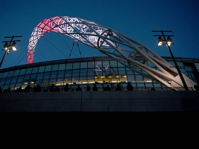 LONDON, ENGLAND - NOVEMBER 12: General view outside the stadium prior to the 2022 FIFA World Cup Qualifier match between England and Albania at Wembley Stadium on November 12, 2021 in London, England. (Photo by Laurence Griffiths/Getty Images)