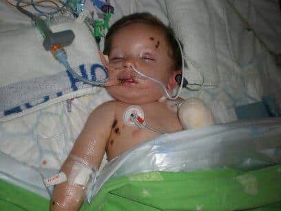 Robbie in hospital when he became ill with meningitis in July 2008.