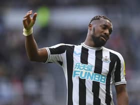 Newcastle player Allan Saint-Maximin reacts dejectedly during the friendly match between Newcastle United and Rayo Vallecano  at St James' Park on December 17, 2022 in Newcastle upon Tyne, England. (Photo by Stu Forster/Getty Images)