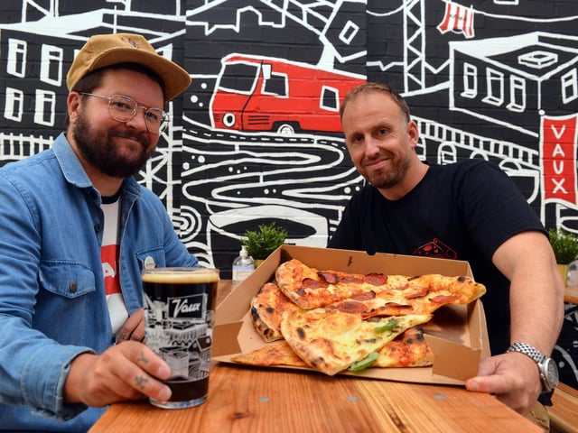 After building up a loyal following with their pizza hatch in Seaham, Slice opened a sister site at the Vaux Brewery, in Roker Retail Park, last year. Slices are available in the taproom. Opening hours on Fridays from 12pm to 8pm and Saturdays from 5pm to 9pm, as well as ahead of SAFC home games. You can also pre-order for collection.
Pictured is Andy Smith from Slice with Tap Room manager Ethan Foster.
