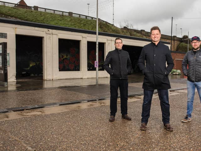 Michael Thompson, George Clarke and Steve Smith at the shelter in Roker which will be transformed