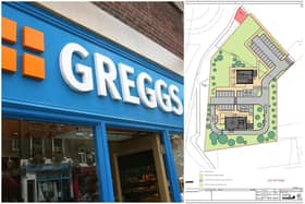 Plans for a new Greggs and drive-thru coffee shop have been submitted. Pictures: Left by Tim Ireland/PA. Right by FaulknerBrowns Architects.
