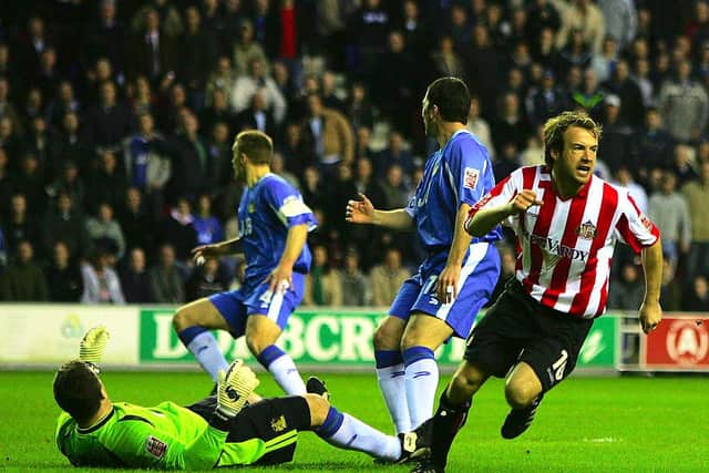 Marcus Stewart celebrates his memorable goal in front of 7,500 Sunderland fans at Wigan Athletic