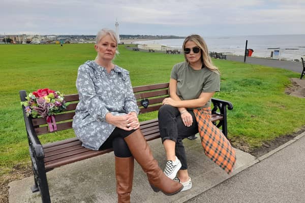 Lesley Logan and her daughter Gemma Watson at the bench dedicated to Lesley's late parents. Sunderland Echo image.