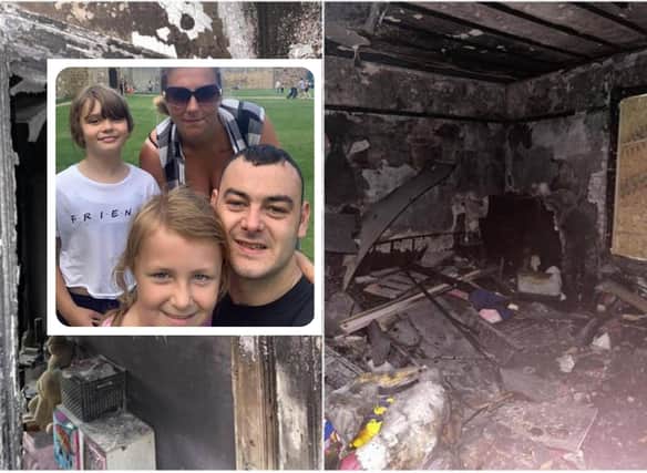 Liam Brady pictures with fiance Kirsty with daughters Stevie-Leigh Brady Wilson (front) and  Leona Ruby Wilson. The family escaped a fire at their home in Penshaw.