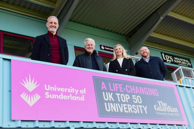 Left to right: Lee Picton (Sporting Director, South Shields FC), Lorraine Robertson (Head of International Development, University of Sunderland), Geoff Thompson (Chairman/Owner of South Shields FC) and Tom Atkinson (International Development Officer, University of Sunderland)