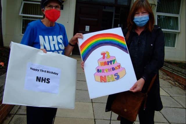 NHS campaigners with birthday card at Sunderland Royal Hospital (July 5)