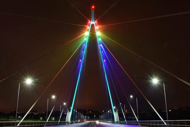 A rainbow display at the Northern Spire bridge.
