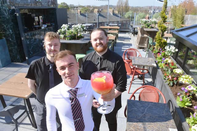 The Cooper Rose roof garden is now open for customers. From left deputy manager Sam Bell, shift manager Alex Walton and bar team leader Jack Brabbam.
