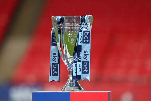 A general view of the League One play-off trophy.