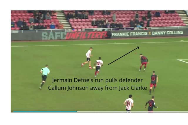 Figure Two: Jermain Defoe's run opens up space for Jack Clarke against Fleetwood.