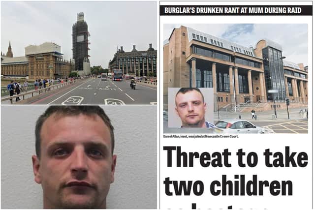 Daniel Allan, pictured by the Metropolitan Police bottom left and after his court appearance in Newcastle in 2017, has been sentenced for his part in disorder which broke out in Westminster in June. Image copyright Google Maps.