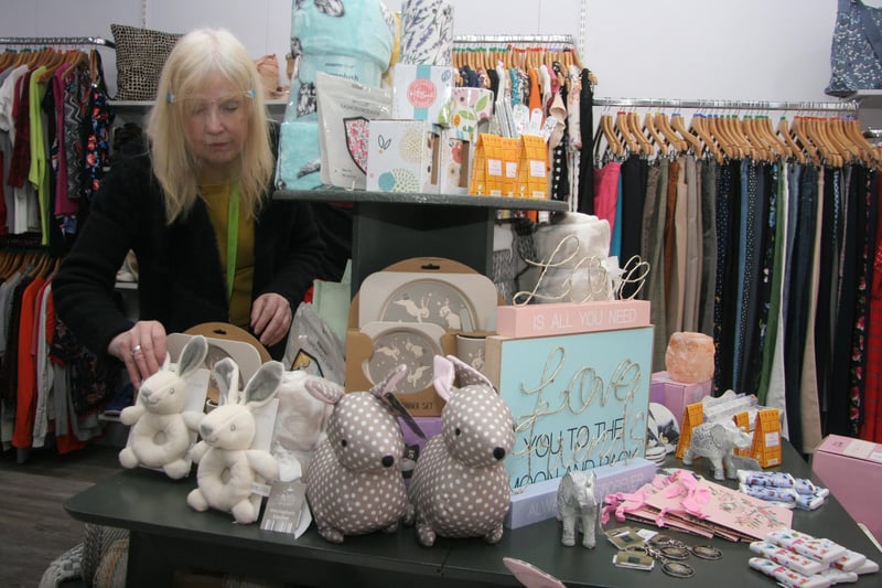 Pat Standen, store manager of Ashgate Hospicecare’s Chesterfield shop in South Street, with a selection of the new products the shop now sells