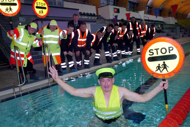 School crossing patrol officer, Martin Dent jumped into the pool to launch Sunderland's 24 hour Swimathon at the Aquatic centre in 2012.