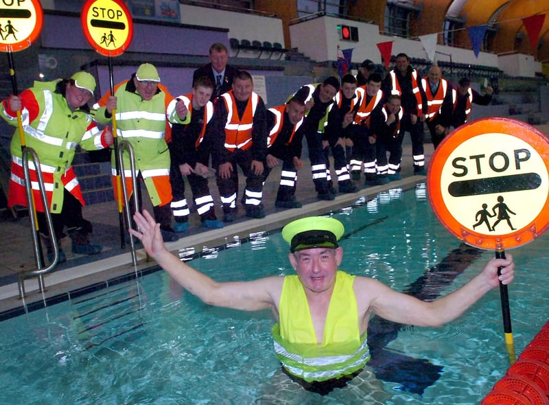 School crossing patrol officer, Martin Dent jumped into the pool to launch Sunderland's 24 hour Swimathon at the Aquatic centre in 2012.