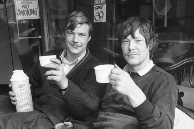An early morning cuppa for brothers Steven, left, and David Stoker, who camped outside Reproland furniture store in Fawcett Street for the sales in 1987.