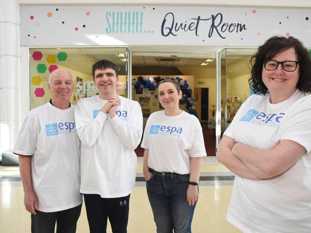 ESPA Vice Principal Dawn Jamieson, front right, along with learning support assistant Paul Mustard, student Charlie Johnson and assistant manager Lucy Shannon outside the ESPA pop-up shop in the Bridges shopping centre.