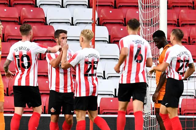 Sunderland players celebrate Will Grigg's winner during the pre-season friendly against Hull City at the Stadium of Light.