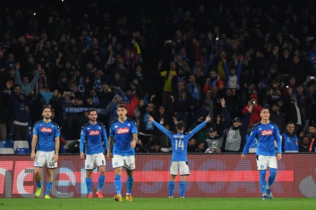 NAPLES, ITALY - FEBRUARY 25: Dries Mertens of SSC Napoli celebrates after scoring the 1-0 goal during the UEFA Champions League round of 16 first leg match between SSC Napoli and FC Barcelona at Stadio San Paolo on February 25, 2020 in Naples, Italy. (Photo by Francesco Pecoraro/Getty Images)