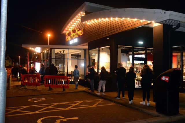 Customers queue for the new Tim Hortons drive-thru to open at Boldon Leisure Park, Boldon Colliery.