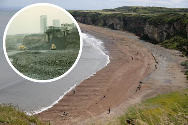 Blast Beach pictured in August 2020. Inset: The beach was used as an industrial dumping ground for four mines.