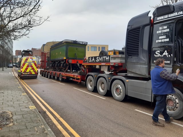 The tender for engine number 251 arrives in Doncaster  on the back of a lorry