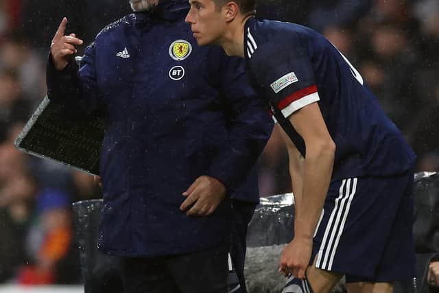 GLASGOW, SCOTLAND - JUNE 08: Scotland manager Steve Clarke prepares to give Ross Stewart his debut during the UEFA Nations League League B Group 1 match between Scotland and Armenia at Hampden Park National Stadium on June 08, 2022 in Glasgow, Scotland. (Photo by Ian MacNicol/Getty Images)