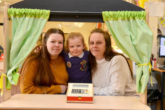 New Penshaw Academy Nursery celebrate 40 years of caring for children with three generations of the same family who've attended the nursery. Grandmother Ashley Watson, 44, mum Kenya Watson, 25, and daughter Tori Devlin, five.