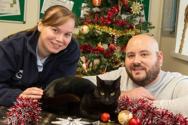 Gilmoor Vets veterinary nurse Sarah Willetts and owner Gareth Pillans with Bella. Photo: Martin Avery Photography.