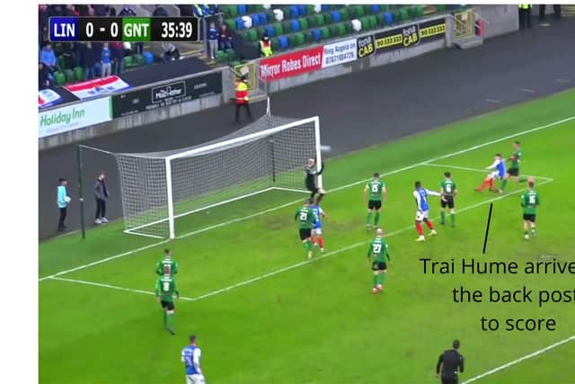 Figure one: Trai Hume arrives late at the back post to score against Glentoran (WyScout).