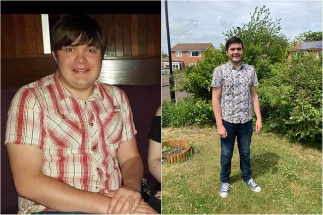 Adam Robson, 23, before and after his weight loss