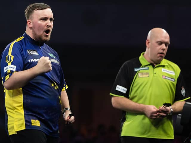 Luke Littler celebrates during darts' world final against Michael van Gerwen. Picture by Taylor Lanning/PDC.