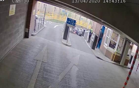 CCTV released by Northumbria Police shows the suspected thieves fall from their bikes as they leave an RVI car park.