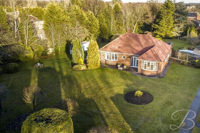 A drone shot that shows the spectacular, picturesque grounds within which the £400,000 bungalow on Oak Tree Lane, Mansfield sits.