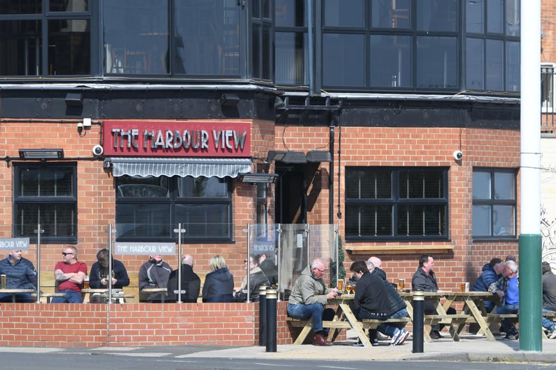 Drinkers enjoying a pint in the sun at the Harbour View, Roker, on Saturday.