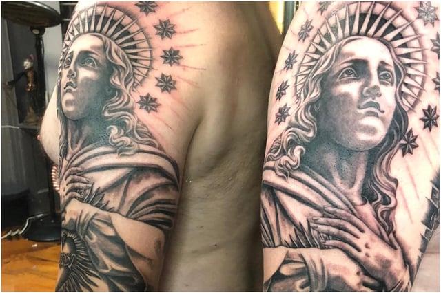 The Virgin Mary tattoo was finished just before midnight when lockdown restrictions came into force.