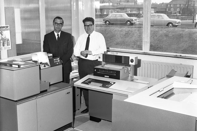 Pictured with the first computer to be installed by Hepworth and Grandage in 1970 were technical engineer Mr D W Hobson (right) and works director Mr S G Waller.