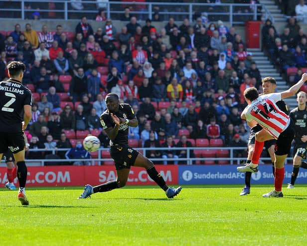 Ross Stewart scores his second goal at the Stadium of Light. Picture by Frank Reid.
