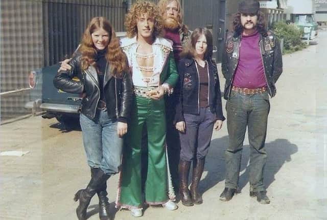 From left, Sandy Allan (wife of Dick Allan), rock god Roger Daltrey, Billy Rodwell, Belle Duke and her husband Phil Duke at Shepperton Studios in 1975.