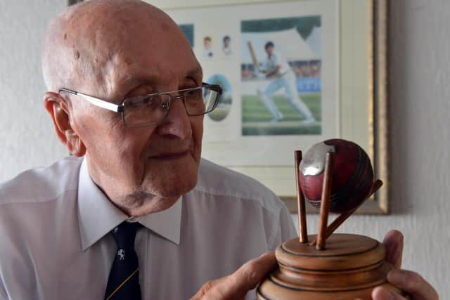 Tom Moffat MBE shares his memories of playing cricket with Len Shackleton - and here's the ball which was presented to him after he caught 5 wickets off Len's bowling.