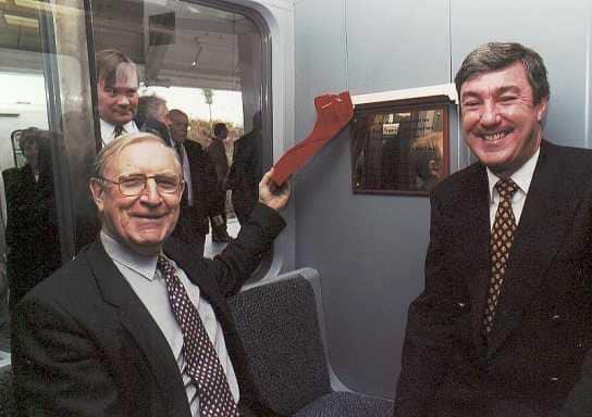 Professor Tony Ridley, the Sunderland-born mastermind behind the Metro rail system, pictured on a train in 1997.