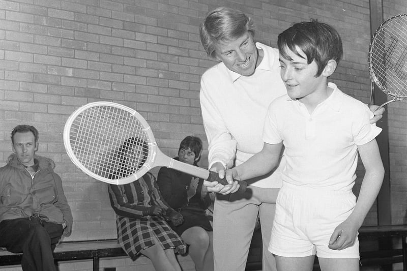 Wimbledon champion Ann Haydon Jones visited Sunderland in 1970 to hold a session for 700 schoolchildren and give coaching to some of the town's most promising players.  
Mrs Jones is pictured giving some hints to Paul McKenna (13), a pupil of St Aidan's Grammar School