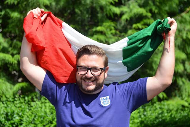 With his England shirt and Italian flag, Sergio Petrucci is off to Wembley