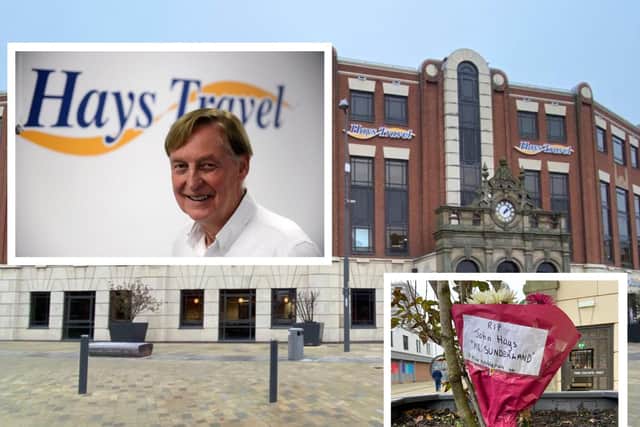 Floral tributes have been left outside Hays Travel after the company's founder John Hays died suddenly aged 71 on Friday