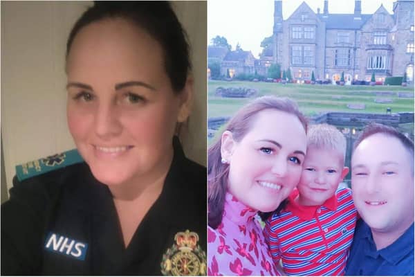 Lesley Baker, who works for the North East Ambulance Service, along with her partner Craig and step son Marcus.